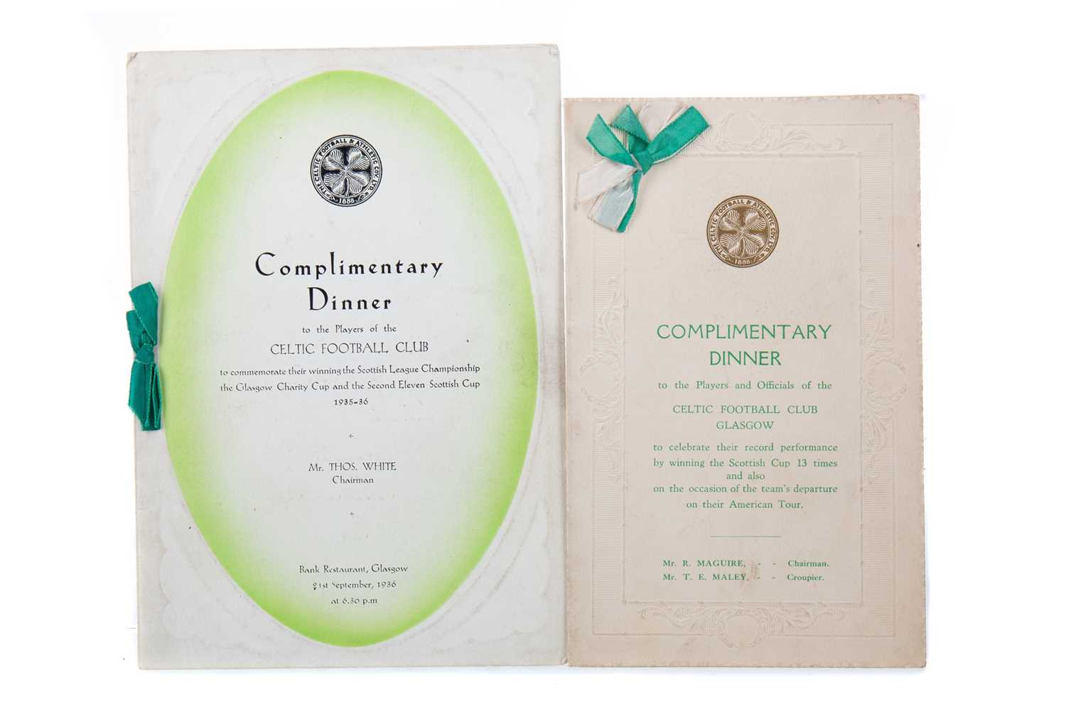Lot 1540 - TWO CELTIC FOOTBALL CLUB DINNER MENUS, 1930s
