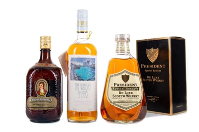 Lot 163 - WHYTE & MACKAY THE WHISKY OF 1990 75CL, PRESIDENT SPECIAL RESERVE 75CL AND ROBBIE BURNS 75CL