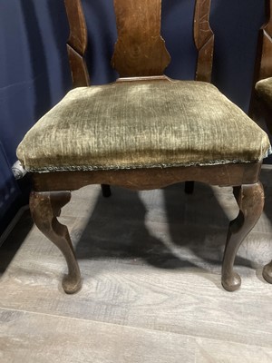 Lot 856 - A SET OF SIX AND A SMALLER PAIR OF 18TH CENTURY WALNUT URN BACK DINING CHAIRS OF QUEEN ANNE DESIGN