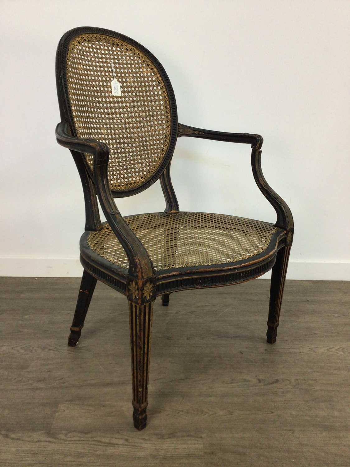 Lot 854 - A PAIR OF LATE 18TH/EARLY 19TH CENTURY FRENCH EBONISED ELBOW CHAIRS