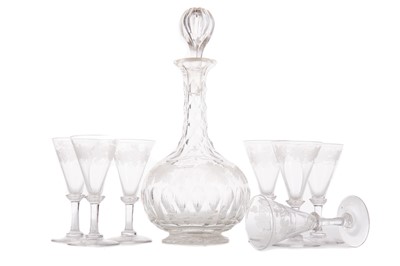 Lot 888 - A VICTORIAN CUT GLASS DECANTER AND SEVEN GLASSES