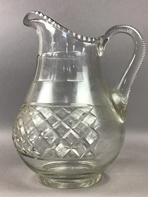 Lot 144 - A LARGE GLASS JUG, DECANTERS AND OTHER GLASS WARE