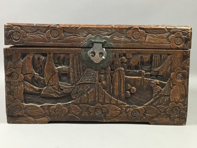 Lot 147 - A SMALL CHINESE CARVED CAMPHORWOOD CHEST