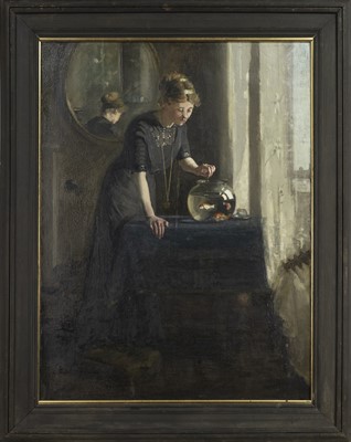 Lot 262 - FEEDING GOLDFISH, AN OIL BY MARY BALLANTINE