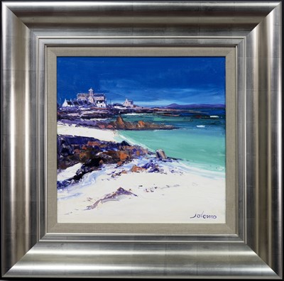 Lot 27 - THE ABBEY, IONA, FROM THE JETTY, AN OIL BY JOLOMO