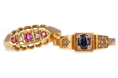 Lot 418 - A RUBY AND DIAMOND RING ALONG WITH A SAPPHIRE AND PEARL RING