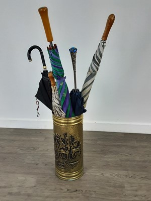 Lot 303 - A BRASS STICK STAND AND VARIOUS UMBRELLAS