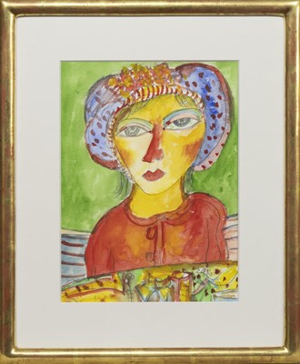 Lot 37 - WOMAN WITH A HAT, A WATERCOLOUR BY JOHN BELLANY
