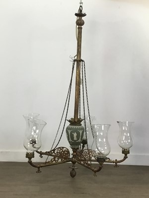 Lot 536 - A EARLY TO MID-20TH CENTURY GILT BRASS AND JASPERWARE FIVE-BRANCH CHANDELIER