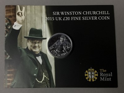 Lot 463 - SIR WINSTON CHUCHILL 2015 UK £20 FINE SILVER COIN AND OTHER COINS