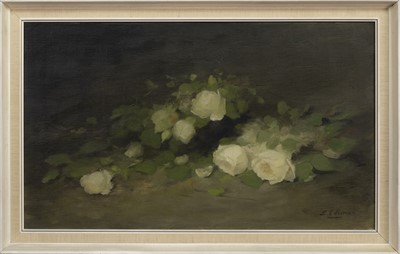 Lot 269 - WHITE ROSES, AN OIL BY LOUISE ELLEN PERMAN