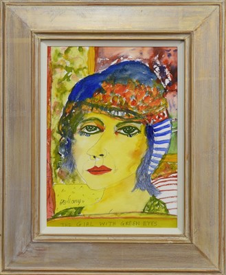 Lot 35 - THE GIRL WITH GREEN EYES, A WATERCOLOUR BY JOHN BELLANY