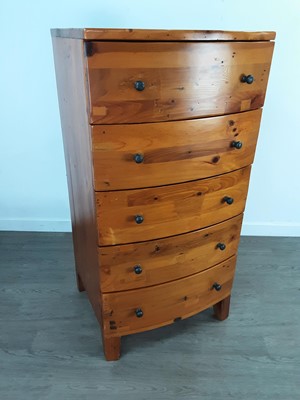 Lot 458 - A PINE BOW FRONT CHEST AND A PAIR OF BEDSIDE CHESTS