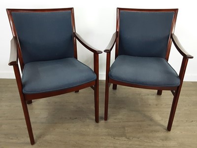 Lot 478 - A PAIR OF STAINED WOOD FRAMED ARMCHAIRS