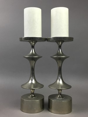 Lot 487 - A PAIR OF MODERN CANDLESTICKS AND TWO CERAMIC BOTTLES