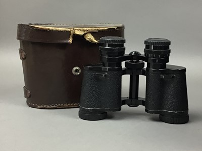 Lot 593 - A PAIR OF BINOCULARS, STAMP ALBUMS, CAR BADGES AND OTHER OBJECTS