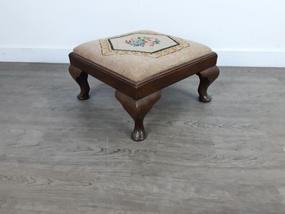 Lot 564 - A MAHOGANY FOOTSTOOL, TWO OTHER STOOLS AND A FIRESCREEN