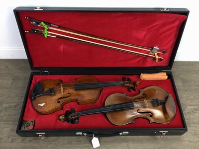 Lot 601 - TWO VIOLINS AND BOWS IN A SINGLE CASE