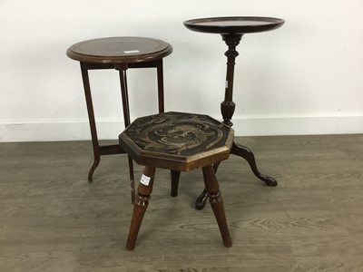 Lot 199 - A CARVED OCTAGONAL MILKING STOOL AND TWO TABLES