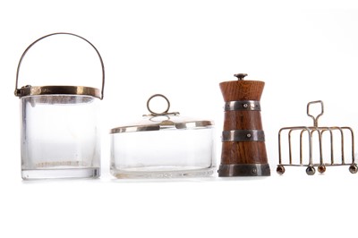 Lot 124 - SILVER TOPPED PRESERVE JAR AND BUTTER DISH, SILVER MOUNTED PEPPER MILL AND A SILVER TOAST RACK