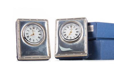 Lot 129 - THREE SMALL SILVER MOUNTED CLOCKS AND A SILVER PLATED MIRROR BY CARR'S OF SHEFFIELD