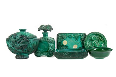 Lot 365 - A BOHEMIAN ART DECO MALACHITE GLASS COMPOSITE FOUR-PIECE DRESSING TABLE SET