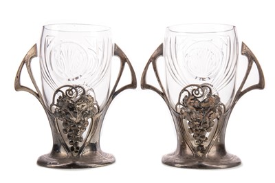 Lot 366 - A PAIR OF ART NOUVEAU PEWTER AND CUT GLASS VASES BY WMF
