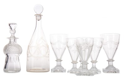 Lot 722 - A SET OF SIX 19TH CENTURY GLASS RUMMERS, AND TWO DECANTERS