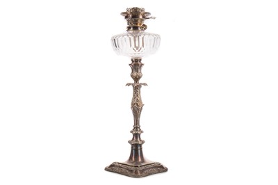 Lot 155 - A VICTORIAN SILVER PLATE AND CUT GLASS OIL LAMP