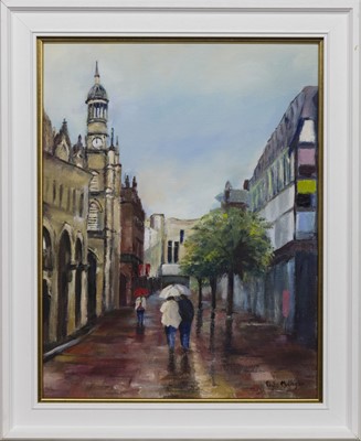 Lot 56 - BUCHANAN STREET, GLASGOW, ROYAL CONCERT HALL, AN OIL BY PHYLLIS MULLIGAN