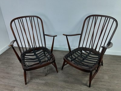 Lot 212 - A PAIR OF ERCOL OPEN ELBOW CHAIRS