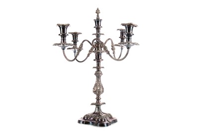 Lot 156 - A 19TH CENTURY SILVER PLATED FOUR-BRANCH CANDELABRUM