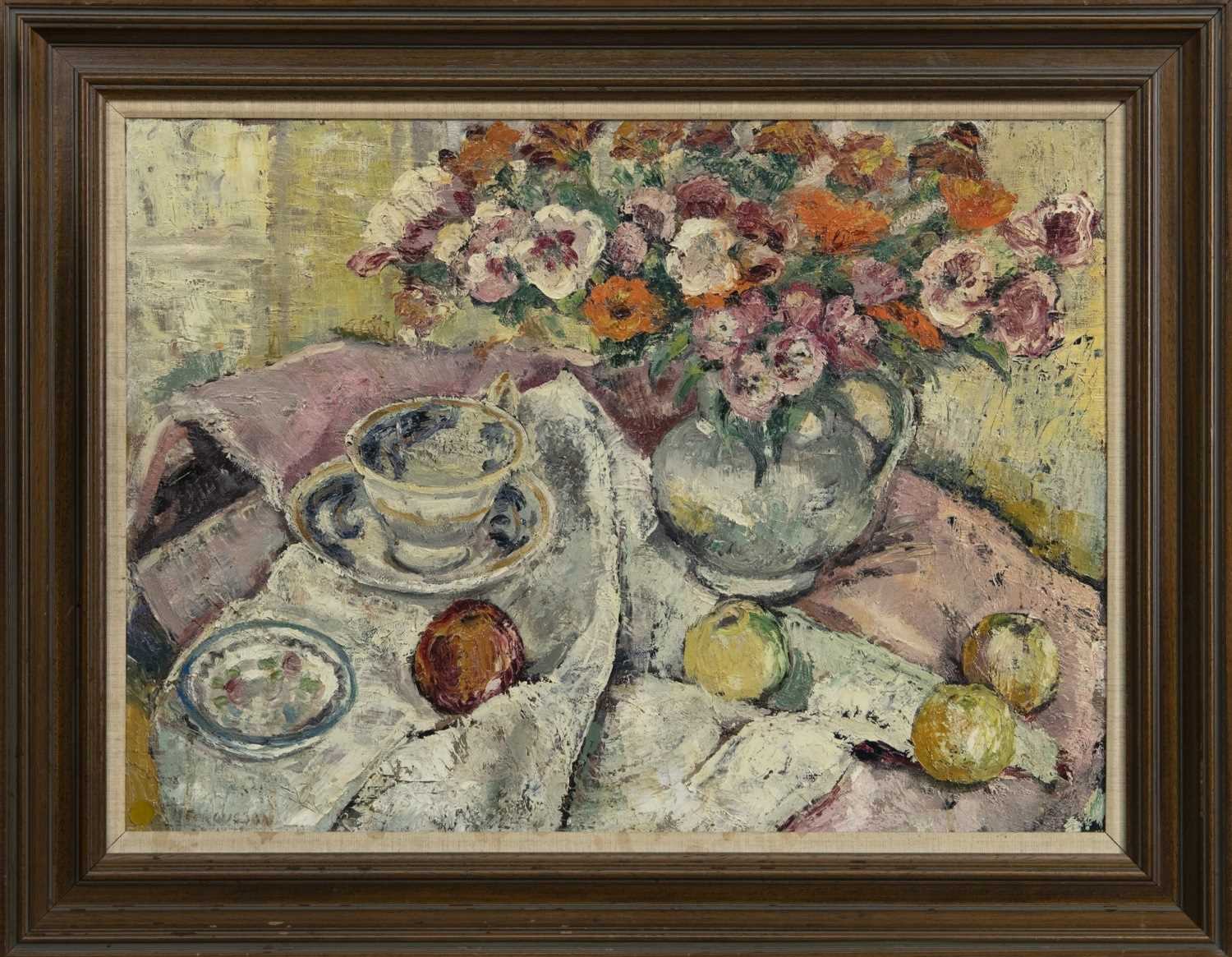 Lot 77 - FLOWERS IN A GREY JUG, AN OIL BY NAN STARK