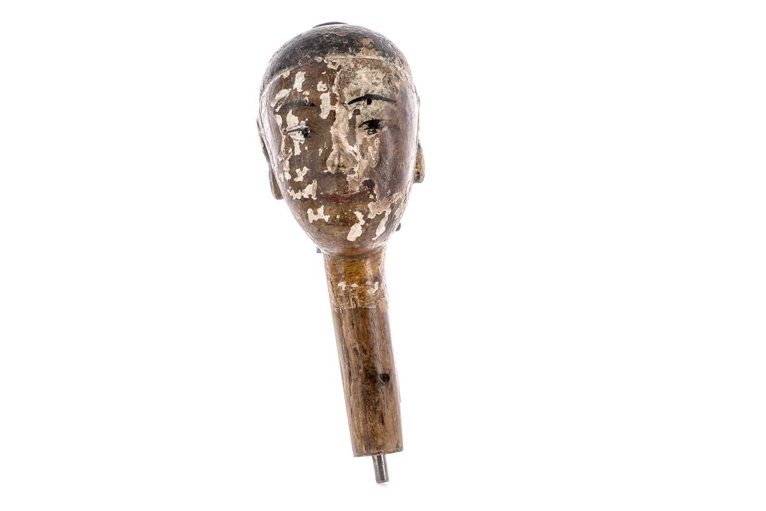 Lot 1135 - AN EARLY 19TH CENTURY CHINESE PAINTED WOOD PUPPET HEAD