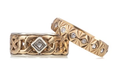 Lot 472 - A CELTIC BAND WITH PRINCESS CUT DIAMOND ALONG WITH A GEM SET ETERNITY RING