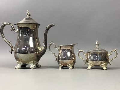 Lot 171 - A SILVER PLATED TEA SERVICE AND CERAMIC FIGURES