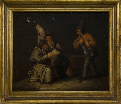 Lot 279 - BOORS DRINKING IN AN INTERIOR, AN OIL FROM THE SCHOOL OF ADRIAEN VAN OSTADE