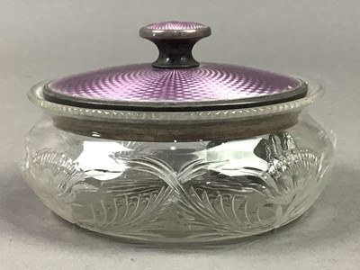Lot 113 - A SILVER TOPPED GUILLOCHE ENAMEL VANITY JAR AND OTHER ITEMS