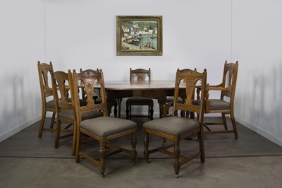 Lot 728 - A GOOD OAK HUNT/WAKE TABLE BY NORFOLK CABINET MAKERS AND SET OF EIGHT DINING CHAIRS