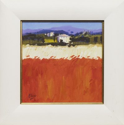 Lot 122 - TUSCAN HILLS, RED FIELD, AN OIL BY IAN ELLIOT