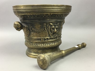 Lot 303 - A LARGE REPRODUCTION BRASS MORTAR AND PESTLE