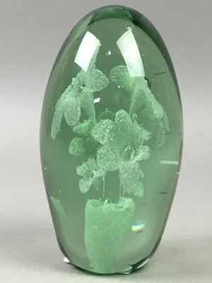 Lot 391 - A GREEN GLASS FLORAL PAPERWEIGHT AND OTHER GLASS ITEMS