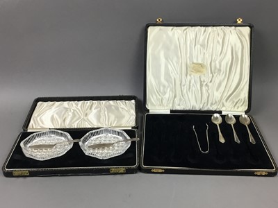 Lot 322 - A SILVER BOWL, SILVER SPOONS, SUGAR TONGS AND A KNIFE SET