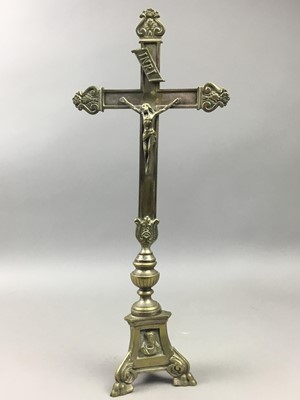 Lot 372 - A BRASS CRUCIFIX, AMBER COLOURED BEADS, CANNONBALL AND OTHER OBJECTS