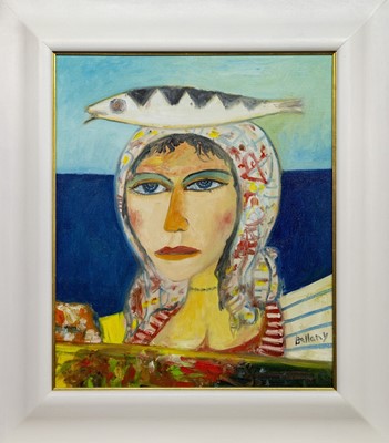 Lot 151 - WOMAN WITH A FISH, AN OIL BY JOHN BELLANY
