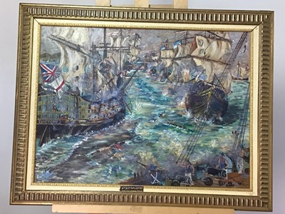 Lot 470 - BATTLE OF TRAFALGAR, 1805, AN OIL BY JOE CARUANA