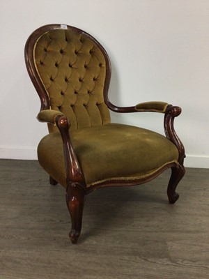 Lot 244 - A VICTORIAN MAHOGANY FRAMED BUTTON BACK OPEN ELBOW CHAIR