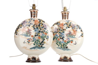 Lot 1201 - A PAIR OF JAPANESE SATSUMA MOONFLASKS CONVERTED TO LAMPS