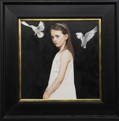 Lot 169 - GIRL WITH DOVES, AN OIL BY GERARD BURNS