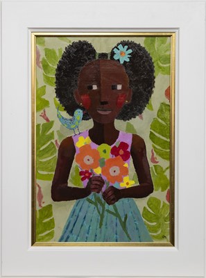 Lot 214 - FLOWER GIRL, AN OIL BY CATRIONA MILLAR